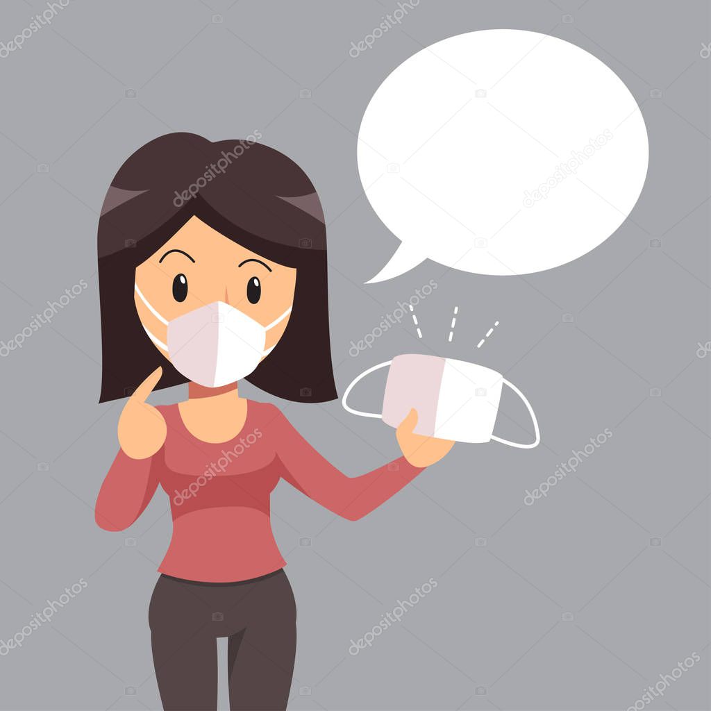 Air pollution concept woman wearing protective face mask and white speech bubble for design.