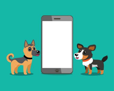 Çizgi film karakteri şirin Alman çoban köpeği ve akıllı telefonlu Amerikan çoban köpeği..