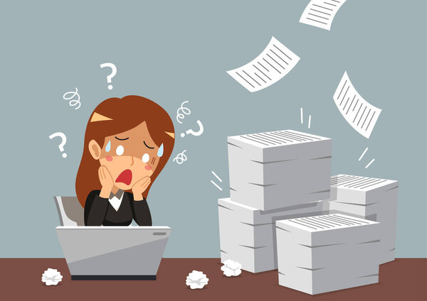 Cartoon businesswoman with a lot of paperwork for design.