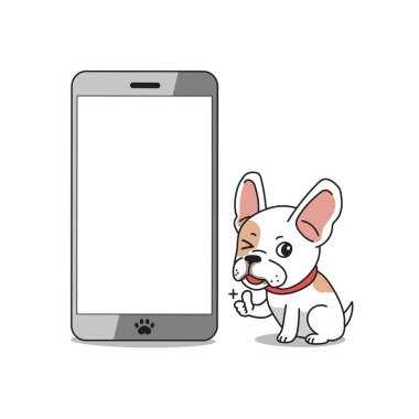 Çizgi film karakteri. Tasarım için akıllı telefonu olan sevimli Fransız bulldog..