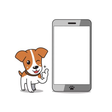 Çizgi film vektör karakteri. Tasarım için akıllı telefonu olan sevimli Jack Russell Terrier köpeği..