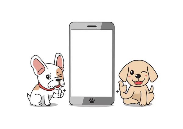 Cartoon Personaggio Bulldog Francese Cane Cucciolo Golden Retriever Con Smartphone — Vettoriale Stock