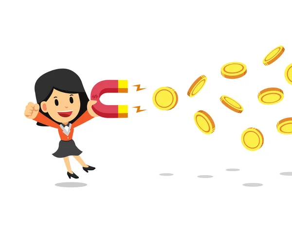 Cartoon Geschäftsidee Geschäftsfrau Mit Einem Magneten Lockt Geld Für Design — Stockvektor