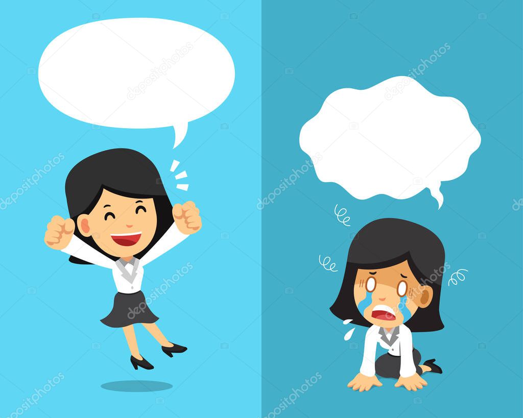 Vector cartoon businesswoman expressing different emotions with speech bubbles for design.