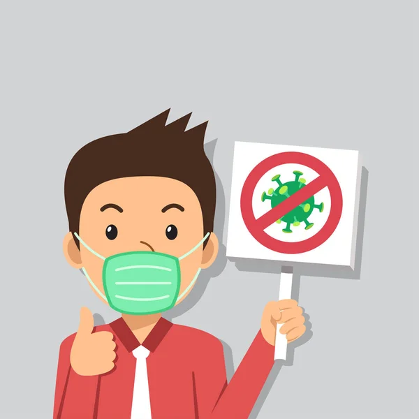 Covid Schutzkonzept Ein Mann Mit Mundschutz Mit Virus Zeichen Für — Stockvektor