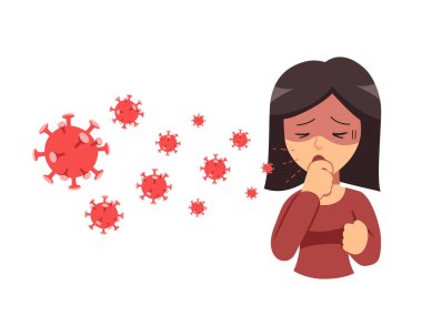 Covid-19 koruma konsepti kadın öksürük ve virüs tasarım için havaya yayıldı.