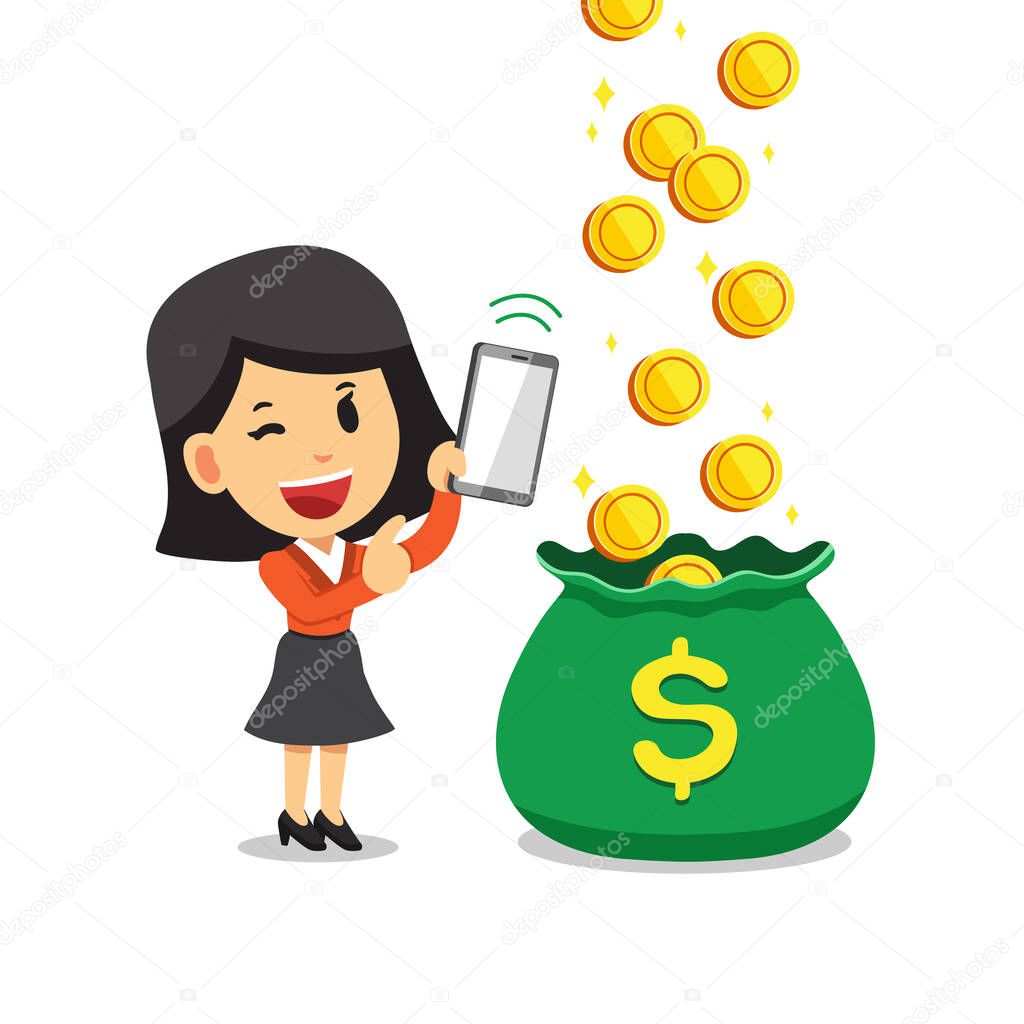 Cartoon business woman earning money with smartphone for design.