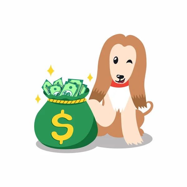 Personaje Dibujos Animados Vectorial Perro Sabueso Afgano Con Bolsa Dinero — Vector de stock