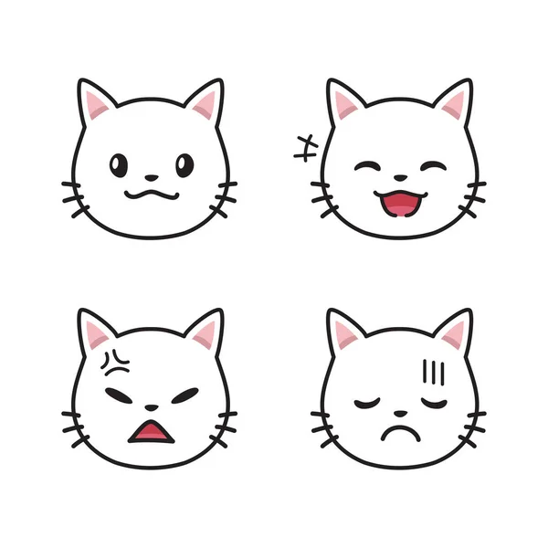 Set Witte Kattengezichten Met Verschillende Emoties Voor Design — Stockvector