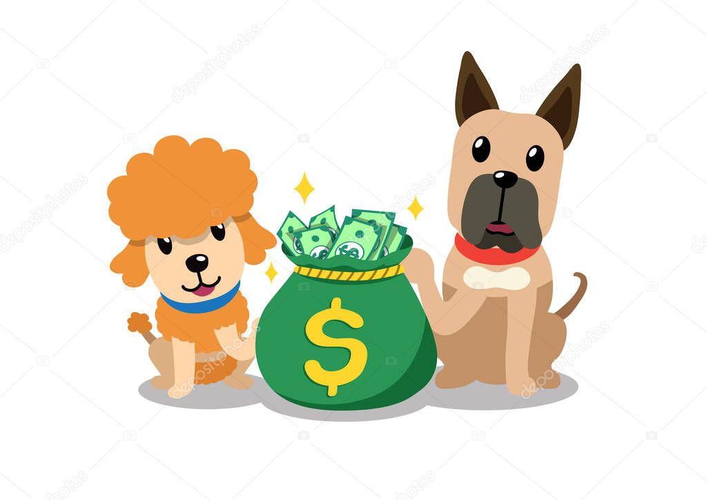 Vector cartoon character poodle and great dane dog with money bag for design.