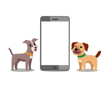Çizgi film karakteri tasarım için akıllı telefonu olan mutlu köpekler..