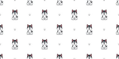 Tasarım için vektör çizgi film karakteri Sibirya Husky köpeğinin kusursuz desen arka planı.