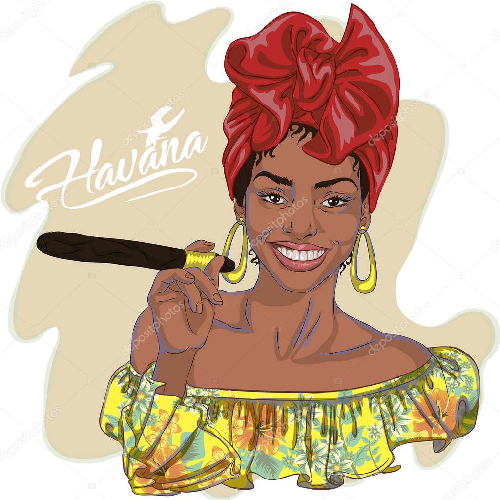 Cuban woman smoking cigar in Havana in yellow dress