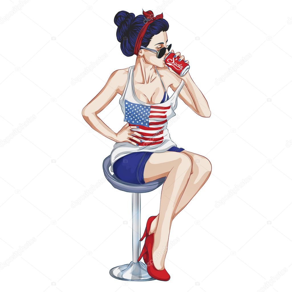 girl drinking soda pop art retro style US flag