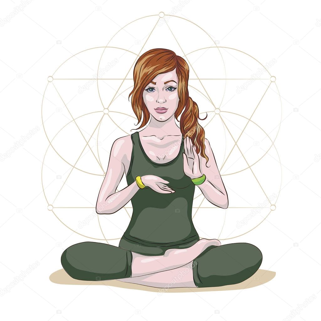a girl in a lotus pose meditates redhead