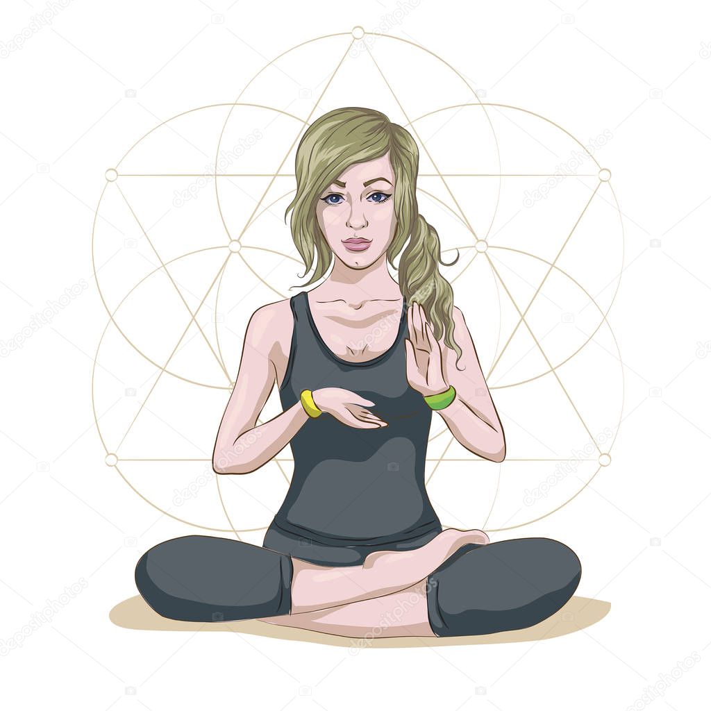 a girl in a lotus pose meditates blonde