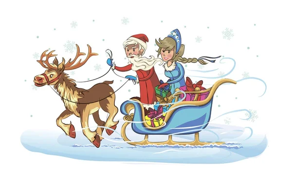 Jultomten och Snow Maiden på en släde, en god nytt år — Stock vektor