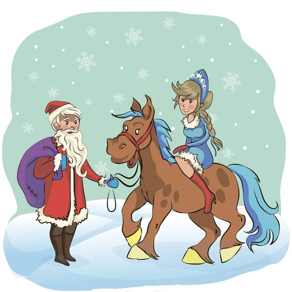Santa Claus and Snow Maiden riding a horse — Stock Vector