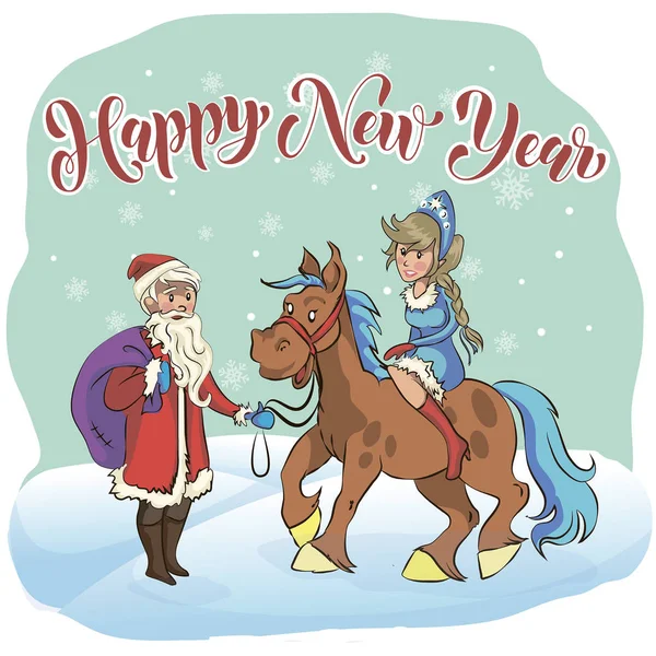 Santa Claus and Snow Maiden riding a horse — Stock Vector