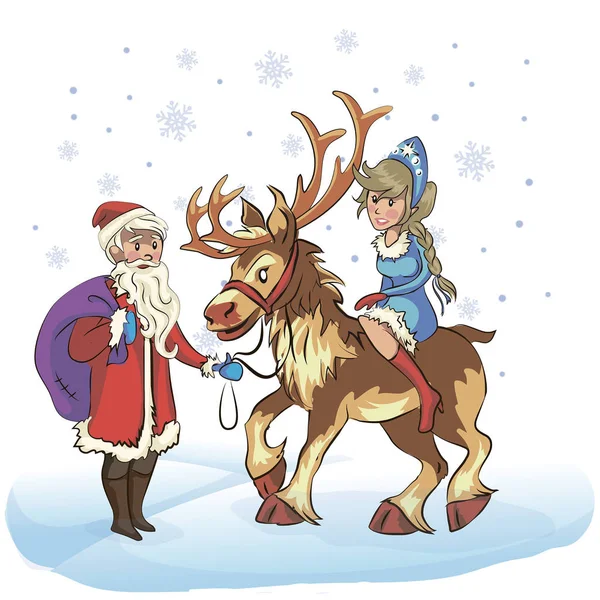 Santa Claus dan Snow Maiden menunggangi rusa - Stok Vektor