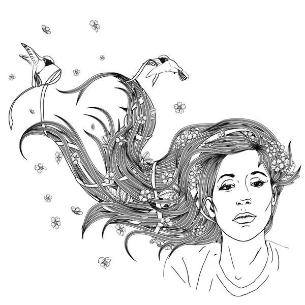 Joven chica hermosa con el pelo largo. Cuidado del cabello vector illustrati — Vector de stock