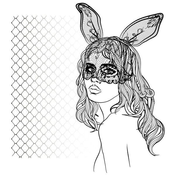 Ilustración de moda con cara de dama y conejo niña con una máscara — Vector de stock