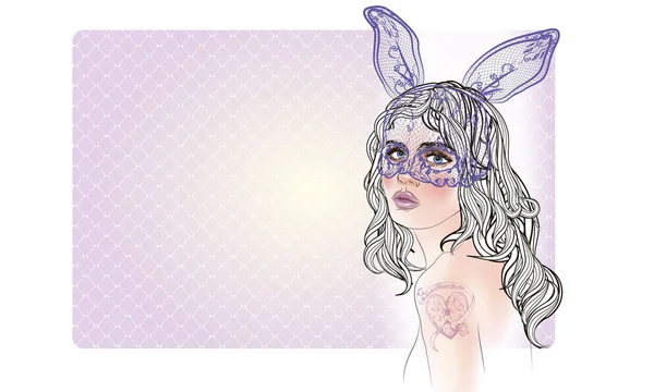 ファッション イラスト-マスクと女性顔とウサギの女の子と — ストックベクタ