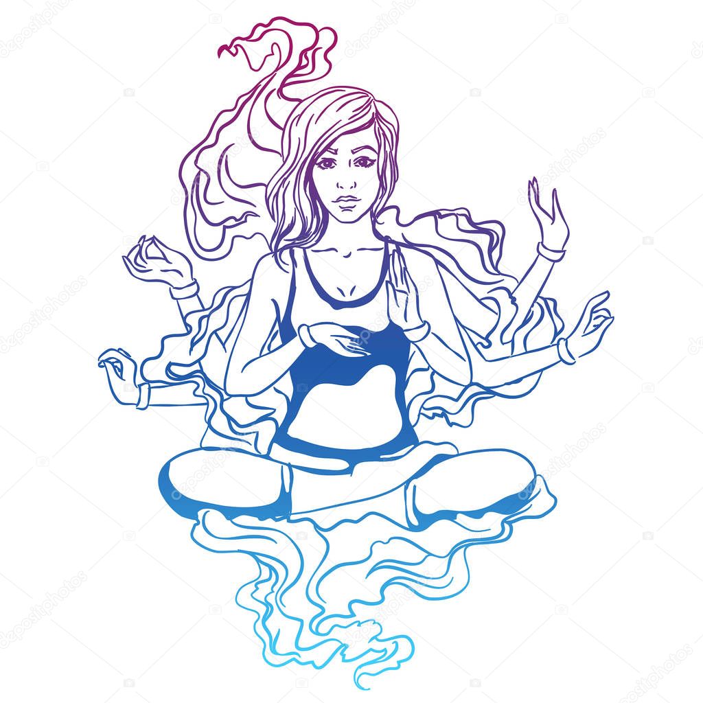 Vector illustration of a yoga girl in a lotus pose. The girl is 