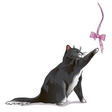 sevimli çizgi kedi yay ile oynuyor. yavru kedi üzerinde yay arıyorum 