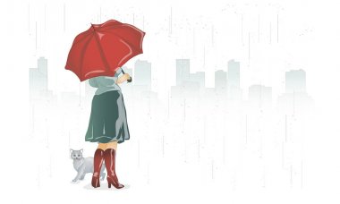Kız ve kedi bir yağmur bir şemsiye altında gizli.