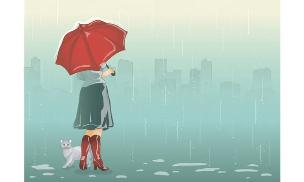 A menina e o gato esconderam-se de uma chuva debaixo de um guarda-chuva . — Vetor de Stock