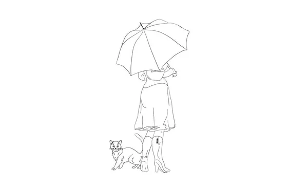 女孩和猫躲在雨下伞下. — 图库矢量图片
