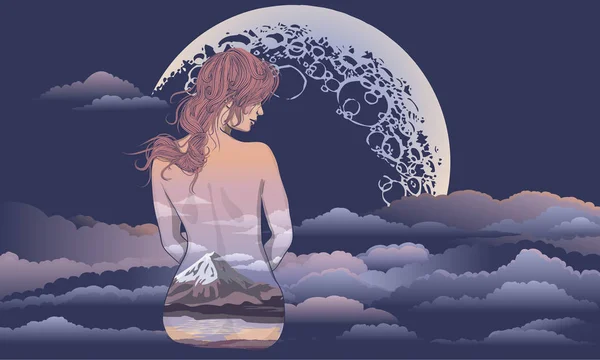 Una ragazza romantica si siede sullo sfondo della luna. Arte del corpo gir — Vettoriale Stock