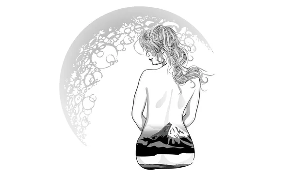 Een romantische meisje zit op de achtergrond van de maan. Body art gir — Stockvector