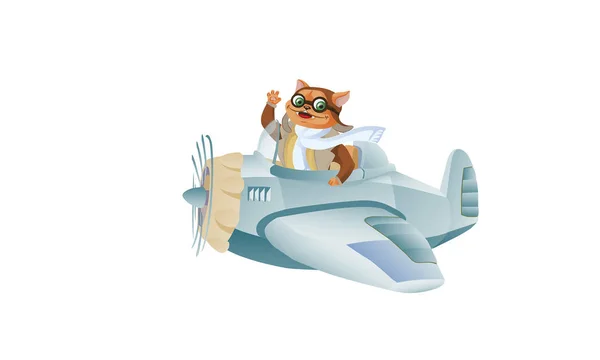 Bonito engraçado animal piloto personagens voando no avião - gato e —  Vetores de Stock