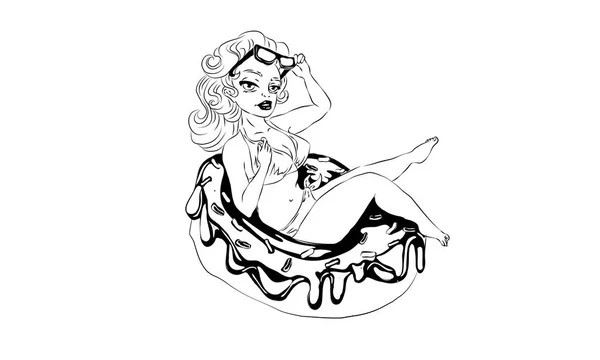 Mujer recostada en una rosquilla inflable en forma de verano al nadar — Archivo Imágenes Vectoriales