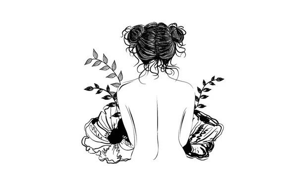 Красивая девушка стоит со спиной вокруг цветов — стоковый вектор