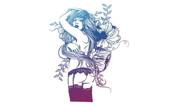 Schönes Mädchen steht mit dem Rücken um Blumen — Stockvektor