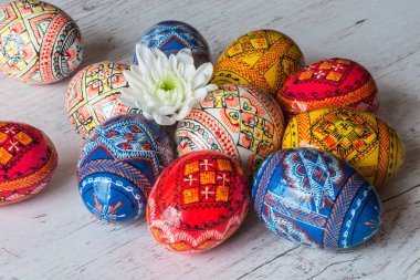 Paskalya Paskalya yumurtaları ve bahar çiçekleri hafif ahşap arka plan üzerinde arka plan