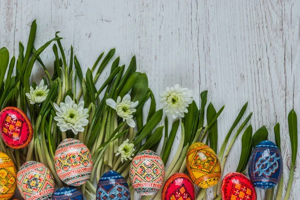 Sfondo pasquale con uova di Pasqua e fiori primaverili su erba verde — Foto Stock