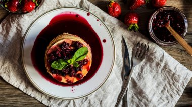 reçel ve çilek ahşap zemin üzerine ev yapımı Amerikan krep yığını Üstten Görünüm