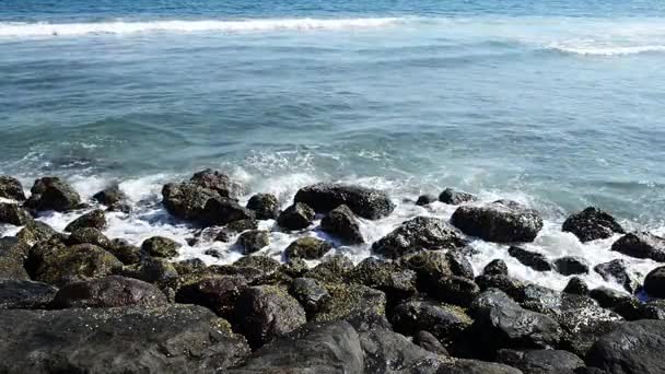 Una enorme ola golpea las rocas. Olas golpeando rocas en una playa tropical formando una forma de chapoteo. Ondas poderosas en una playa rocosa . — Vídeos de Stock