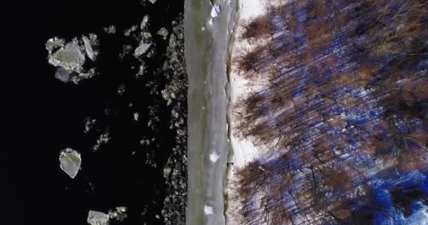 Letecký pohled na krajinu se stromy, zmrazené vody, ledu a sněhu na řece Dněpr v Kyjevě. LED přijde na břehu řeky. — Stock video