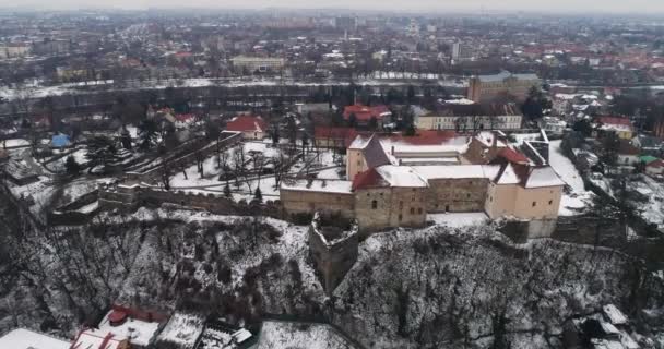 Воздушный красивый мрачный вид на Ужгородский замок зимой . — стоковое видео