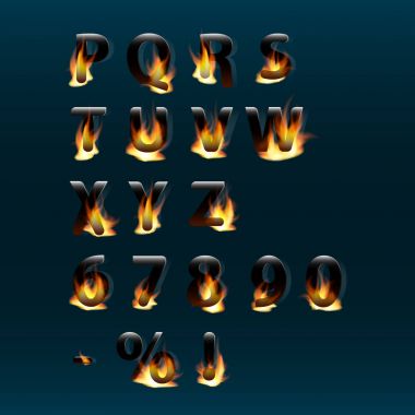 Hot letters and numbers on fire. Alphabet.Fire burning vector font. Part 2 clipart