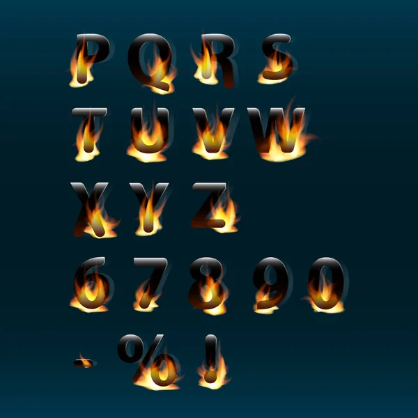 Hot letters and numbers on fire. Alphabet.Fire burning vector font. Part 2 — Stock Vector