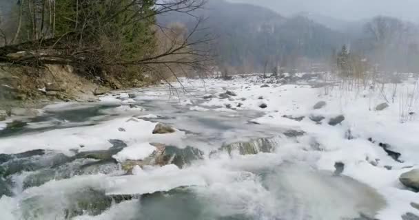 Вид на горную реку в Карпатах зимой — стоковое видео