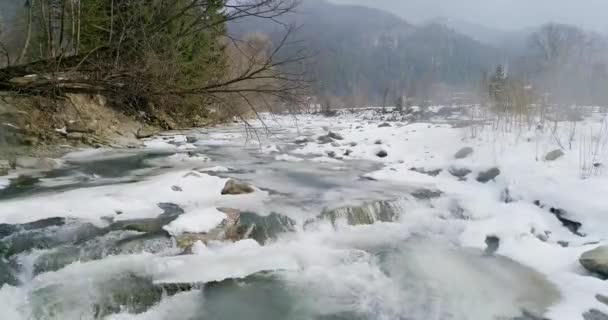 冬天喀尔巴阡山中的一条山河景观 — 图库视频影像