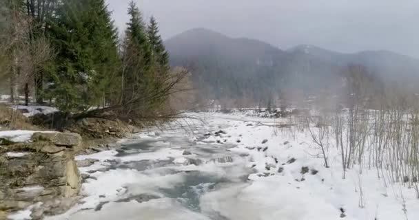 Vista de un río de montaña en los Cárpatos en invierno — Vídeo de stock