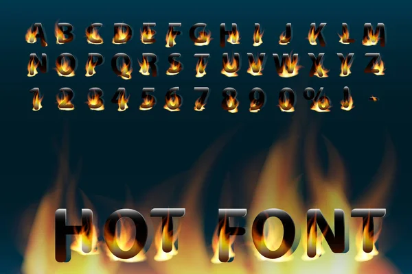 Forró betűtípus. Tüzes betűk és számok. Ábécé. Tűz az égő vektoros betűtípusok. — Stock Vector